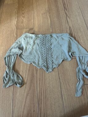 Crochet-Trim Lightweight Bolero Shrug in Sage Green